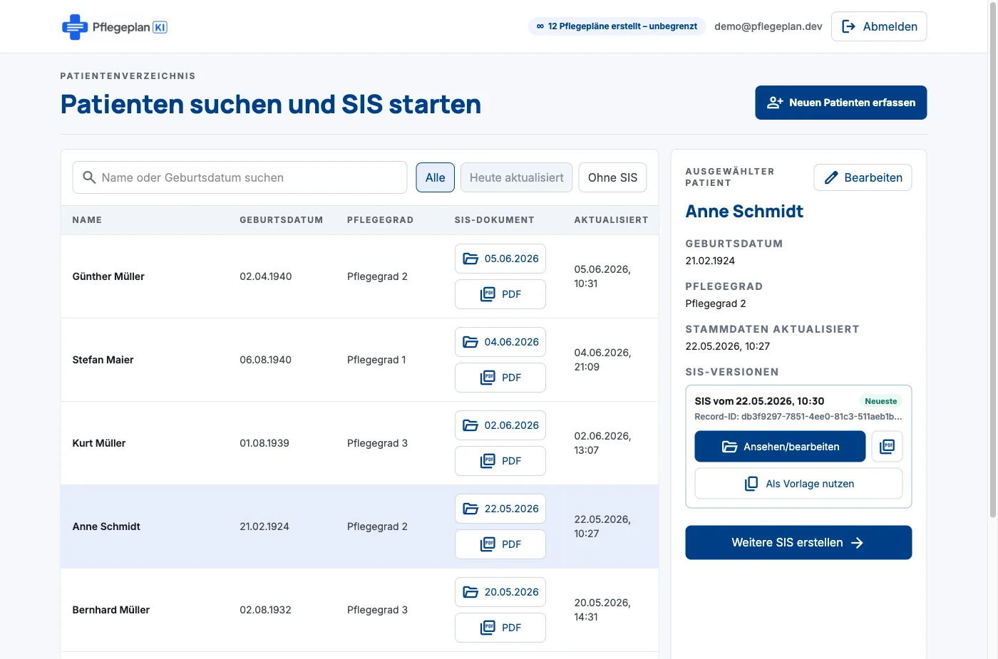 Patientenverzeichnis mit Suche, gespeicherten SIS-Versionen, PDF-Export und Vorlagenaktion