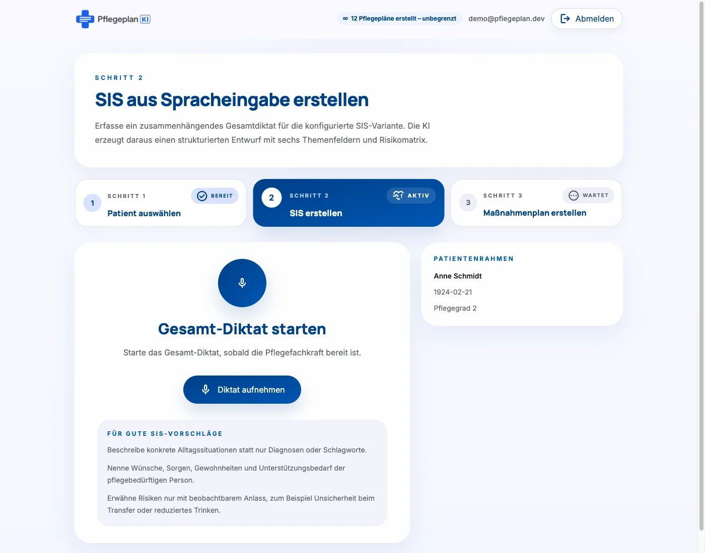 SIS-Diktatstart mit Gesamt-Diktat, Patientenkontext und Hinweisen für gute SIS-Vorschläge