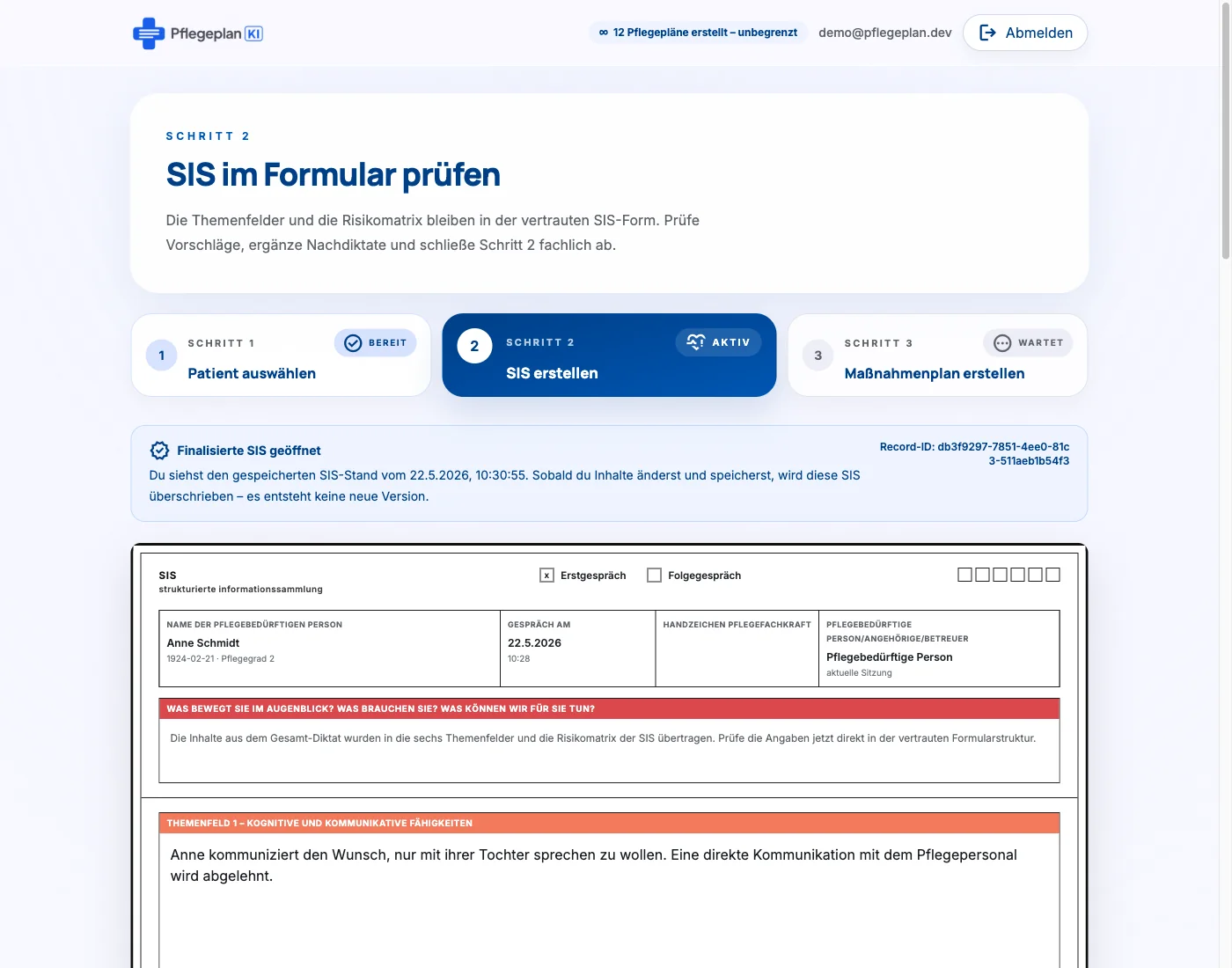 SIS-Review mit Themenfeldern, fachlicher Freigabe, Nachdiktat und Risikomatrix