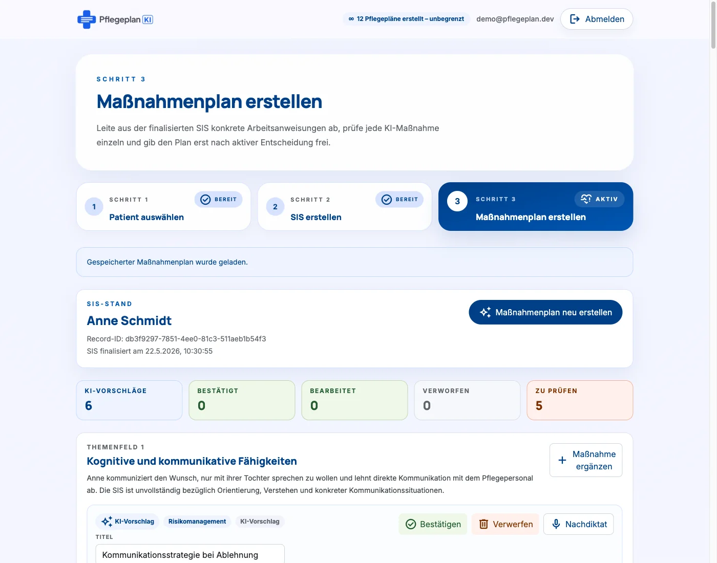 Maßnahmenplan mit Statuszählern, Maßnahmenkarten, Klärbedarf, Nachdiktat und Freigabe