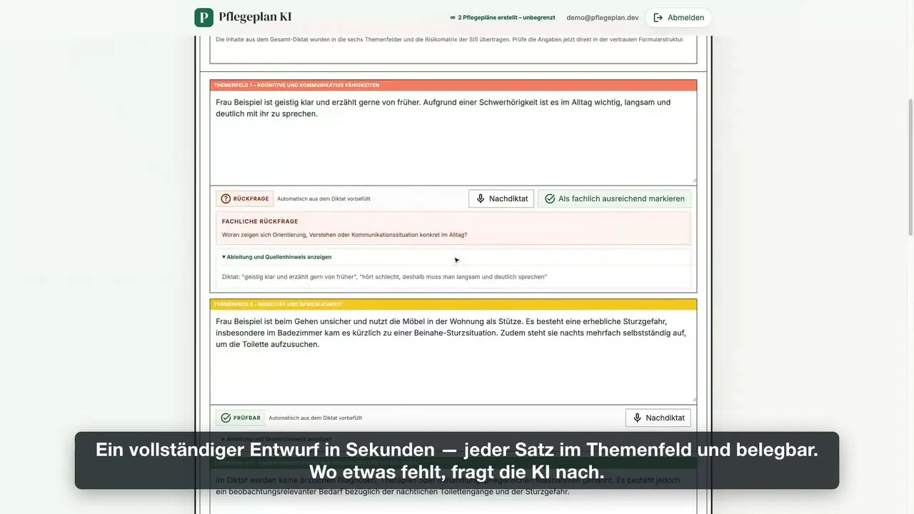 Vorschaubild der Produkt-Demo: Pflegeplan KI mit SIS-Themenfeldern